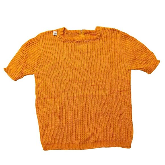 40s-80s Vintage Sweaters - Pure Vintage 1940s-1950s Bright Orange Ribbed Short Sleeve Square Neck Sweater